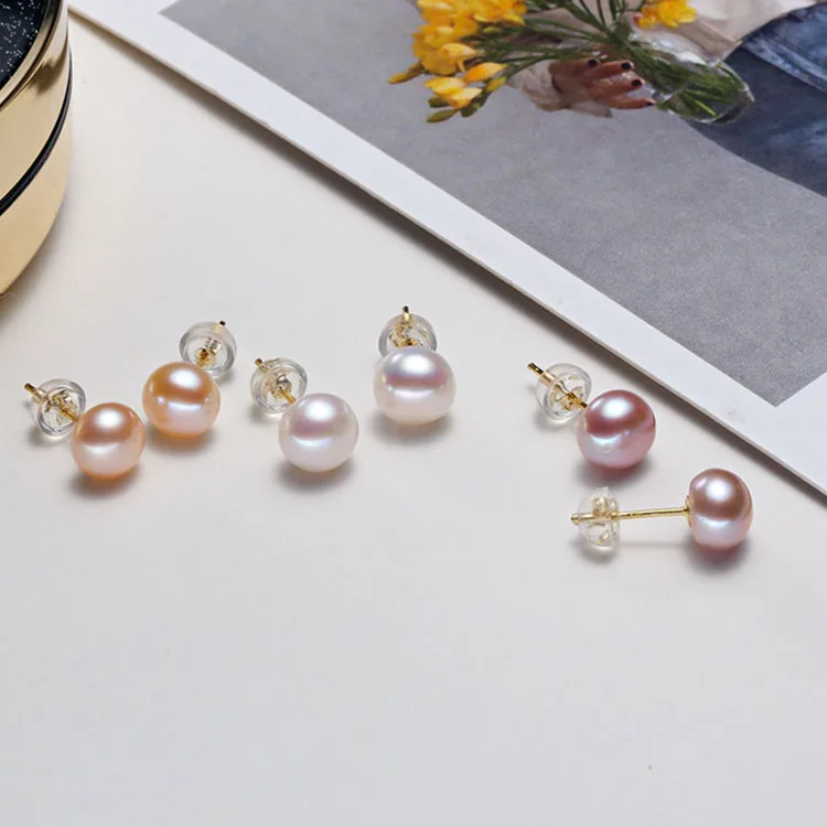 

4A button shape natural freshwater pearl Sterling silver Earring