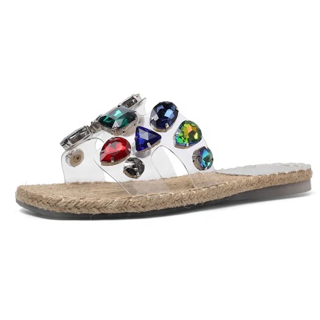 

Summer Women Flat Sandals Clear PVC Colorful Rhinestone Studs Slippers Transparent Braid Straw Beach Casual Slippers, Clear mixedcolor