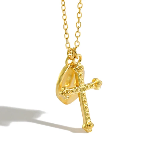 

H-N541 vintage gold plated harmmerd coin pendant and cross necklace, Gold/white gold