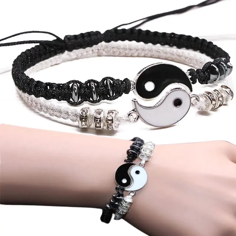 

Couple Bracelets Hematite Leather Cord Braid Bracelet Chinese Yin Yang Tai Chi Alloy Pendant Two-piece Woven Lover Bracelet Gift