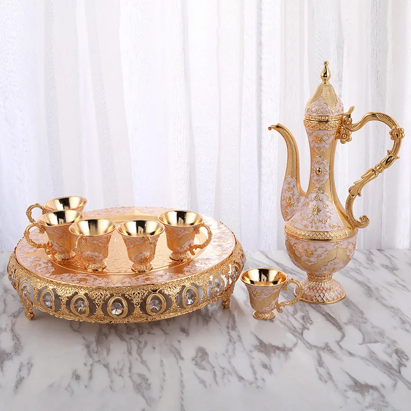 

QIAN HU Luxury Antique Turkish Metal Tea Pot and 6 Cup Sets for Wedding Home Decoration, Multi color