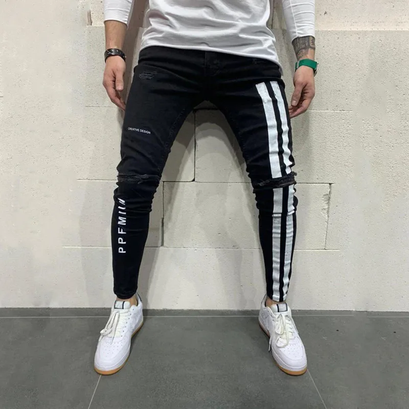 

Nordic style new men's jeans casual slim-fit printing ripped feet men's fashion trend trousers ppfmii, Customized color