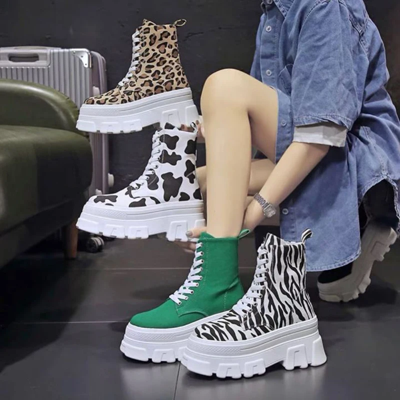 

XZ121 Women Trendy Fall Platform Boots Canvas Leoparrd High Sole Boots Ladies, As picture or custom