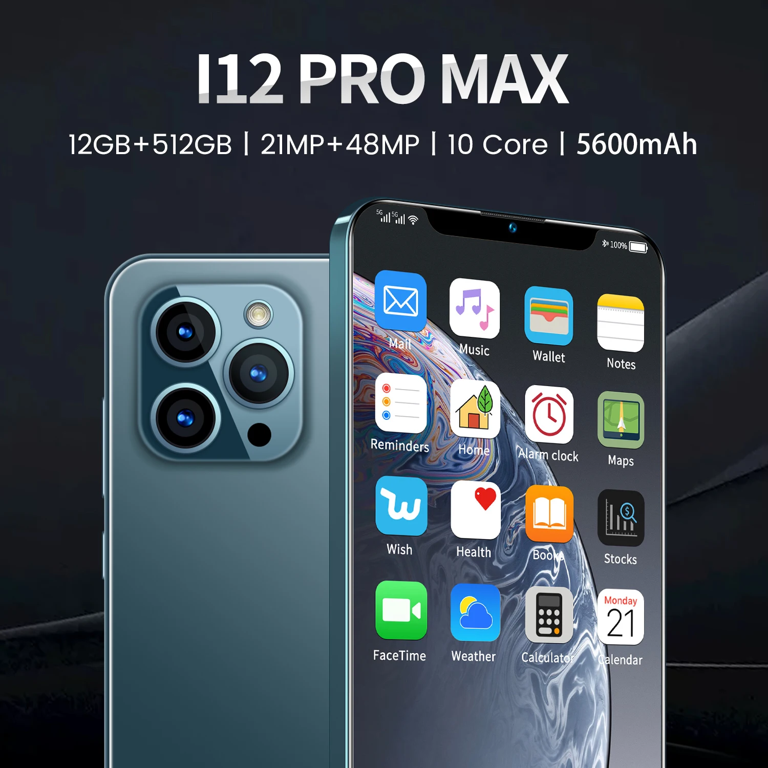 

Factory direct i12 pro max smartphone 6.7 inch 12+512GB Android10 phones and 5600mAh Battery 32MP Camera