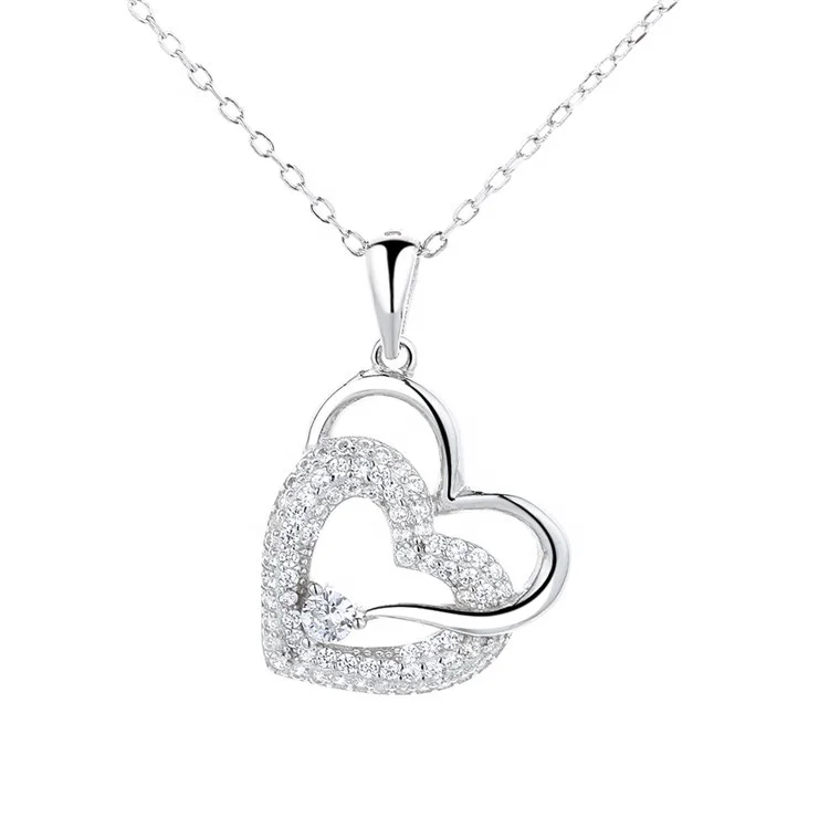 

925 sterling silver necklace custom double love heart shape pendant for women