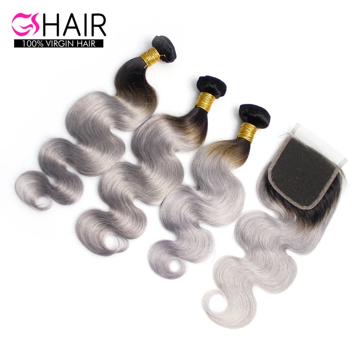 

wholesale 100% human hair grey extension weave bundle with closure , ombre gray human hair Swiss lace front wigs