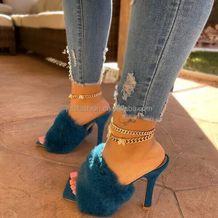 

J&H fashion 2021 new design fur sandals for ladies slip on furry slippers square toe women high heel shoes