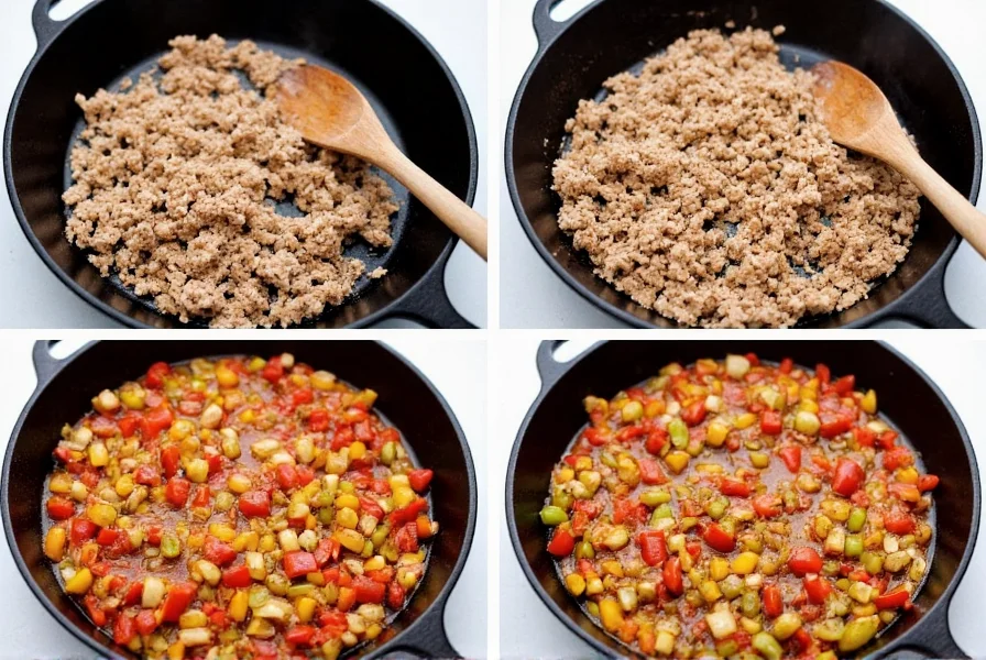 Step-by-step preparation of healthy turkey chili recipe no beans showing ground turkey browning in cast iron pot with vegetables