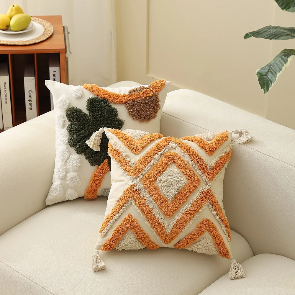 

Boho throw pillow cover moroccan nordic bohemian orange loop pile and tufted cotton cushion covers 45x45cm