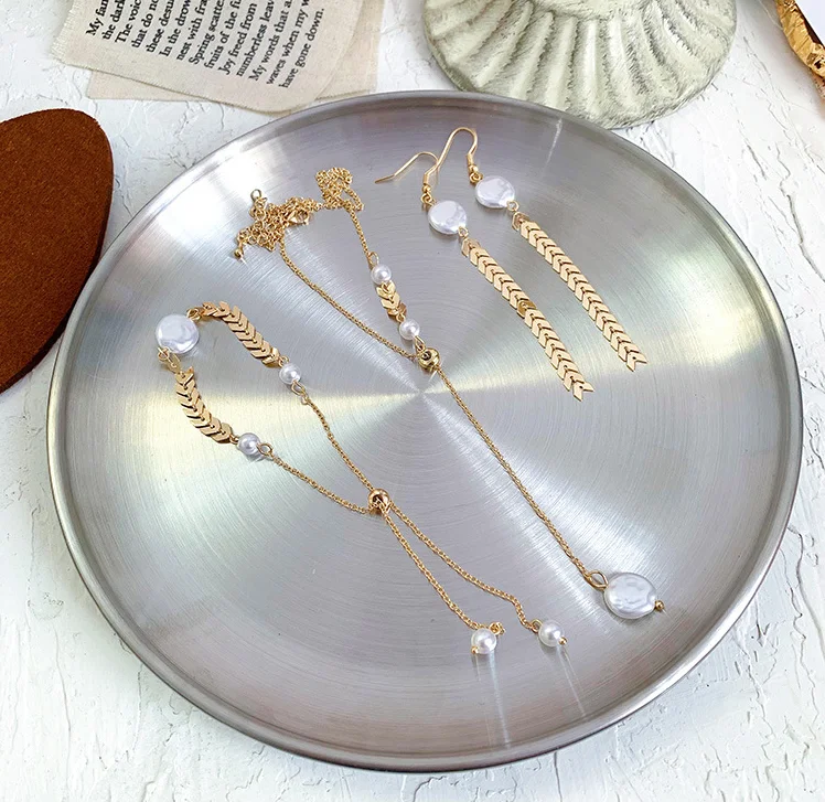 

metal wheat leaf tassel pearl bracelet necklace earrings adjustable texture arrow tassel dangle earrings gold metal necklace, Picture