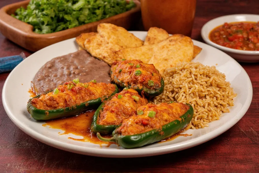 Chili relleno platter showing stuffed poblano peppers served with Mexican rice, refried beans, and fresh tomato salsa