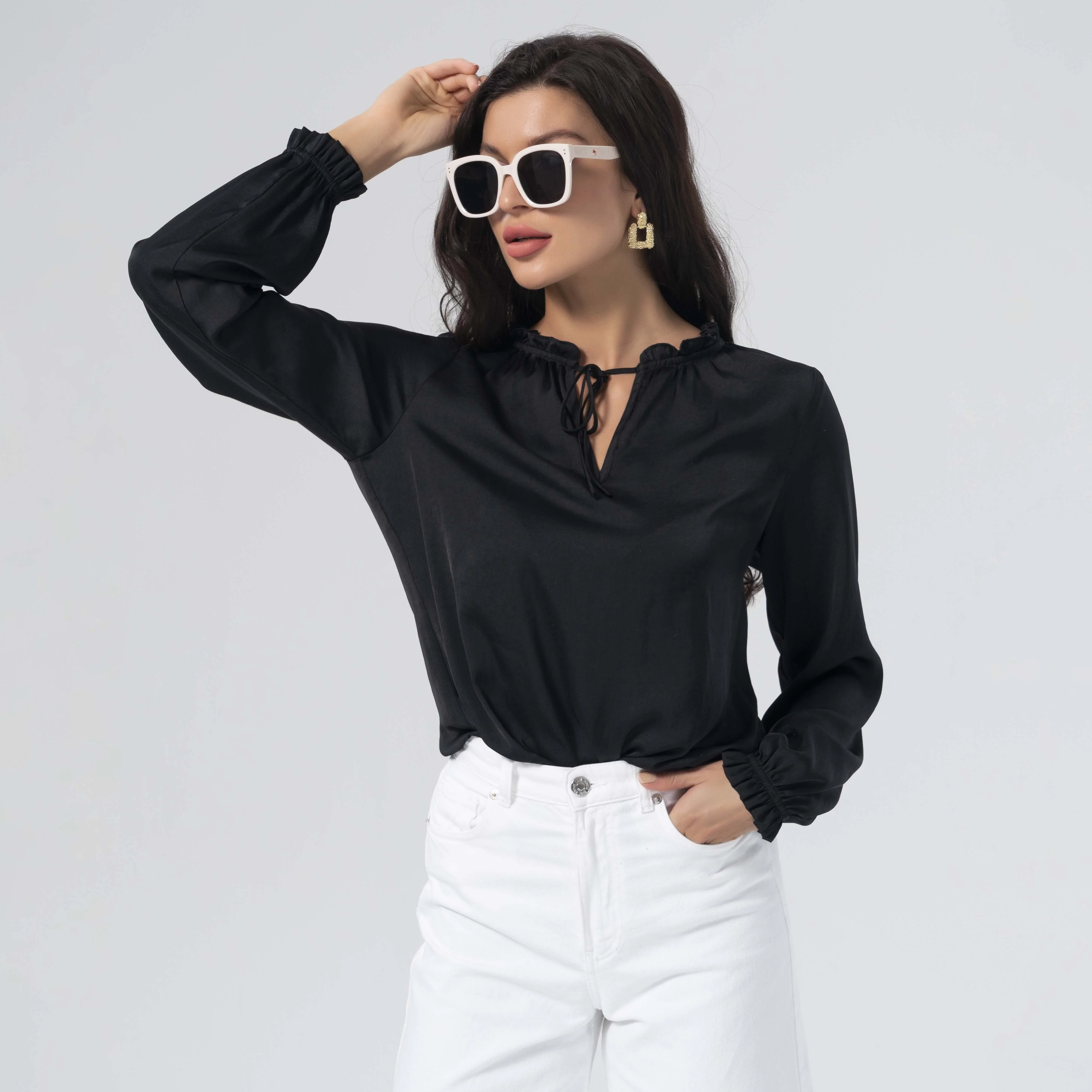 

Lady Designer Casual White Lantern Long Sleeve Ruffle Neck Silk Satin Elegant Tops Shirts Fall Clothing Blouses for Women