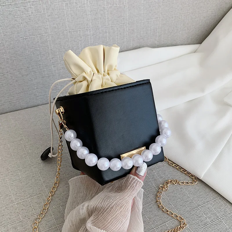 

New Leather Pearl Drawstring Bucket Mini Handbags Chain Shoulder Bags Messenger Box