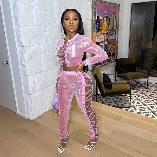

Fall 2021 Women Clothes Long Sleeve Sequin Side Lace Up Jogging Two Piece Jogger Set Womens Sweatsuit 2 Pc Pant Sets Outfits, Pink,black,blue