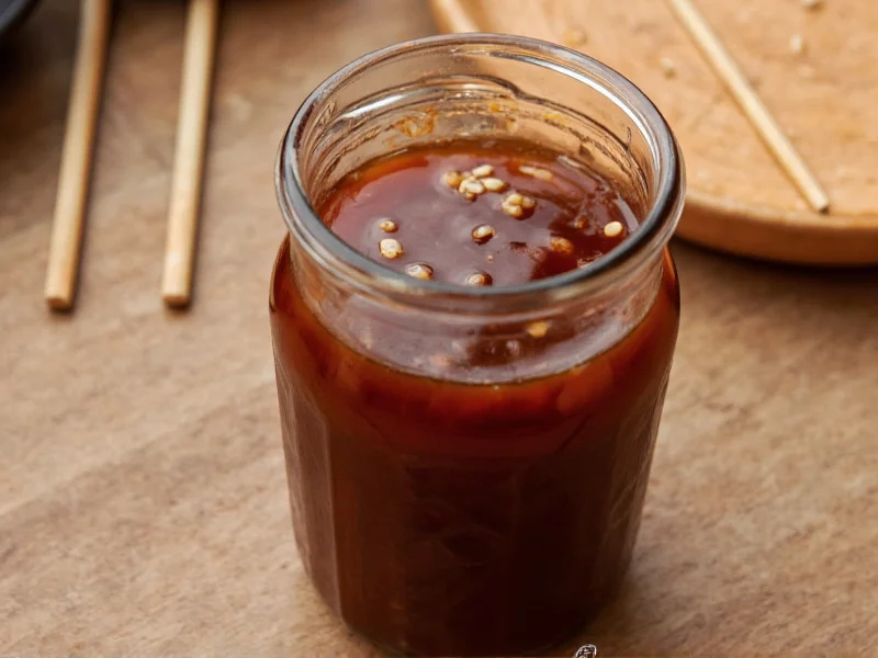 Homemade teriyaki sauce in glass jar with sesame seeds