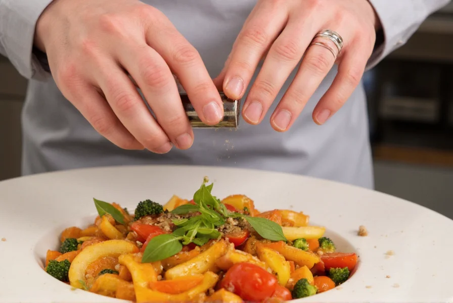 Chef grinding fresh black pepper over a colorful vegetable dish