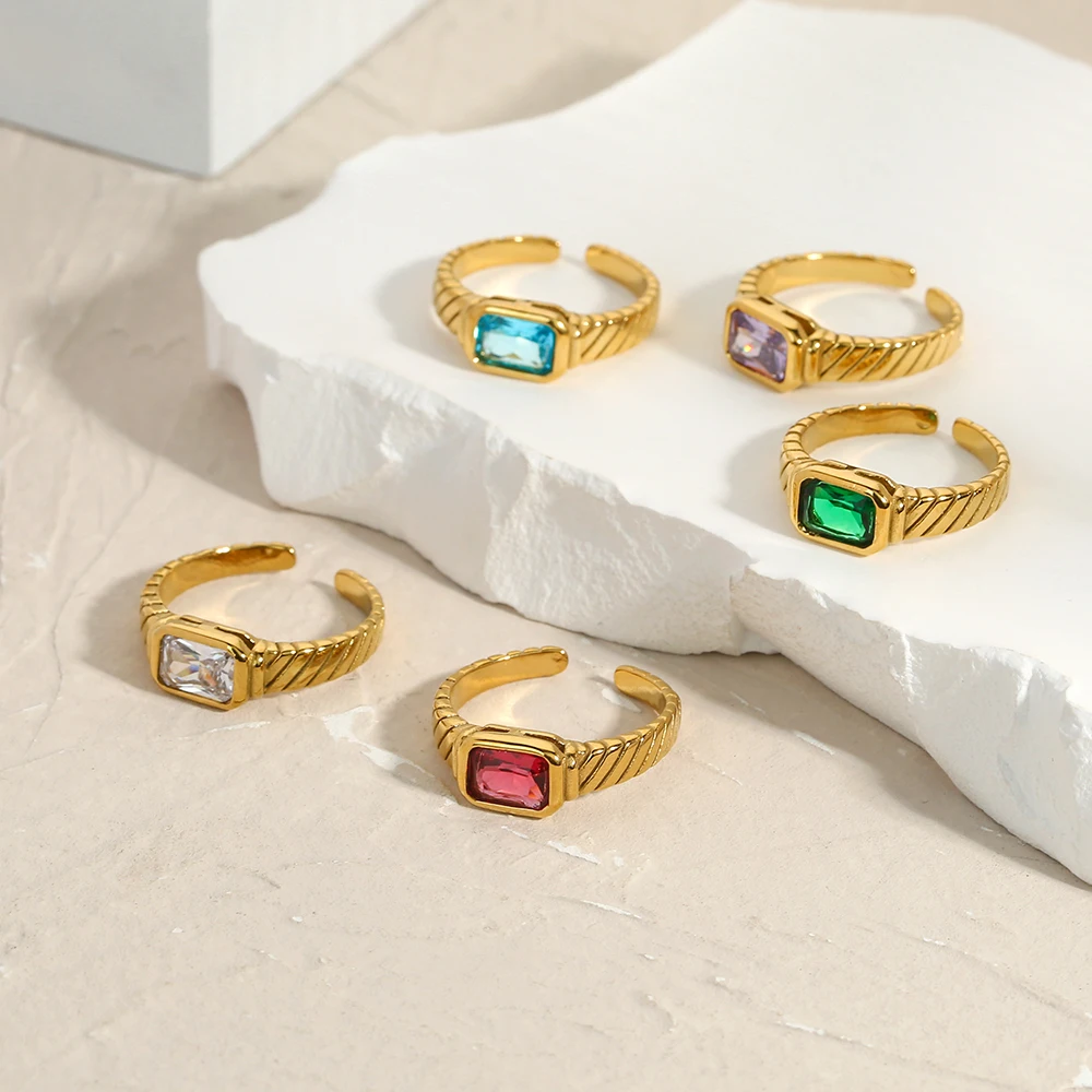 

Mosaic square gemstone Open threaded ring popular vintage color gemstone stainless steel gold plated ring