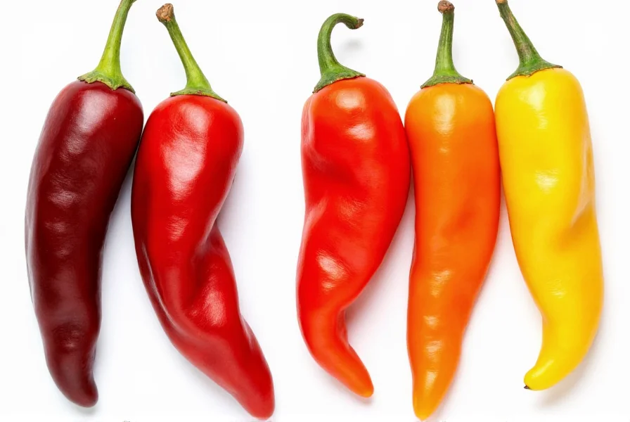 Side-by-side comparison of chili peppers harvested at different color stages showing flavor and heat differences