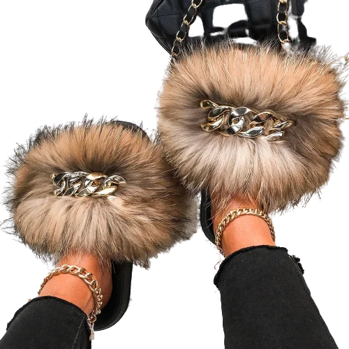 

Wholesale New Arrive Fur Slides Golden Chain Fluffy Furry Raccoon Fur Slippers Slide Women Casual Shoes Sandals, Multi color