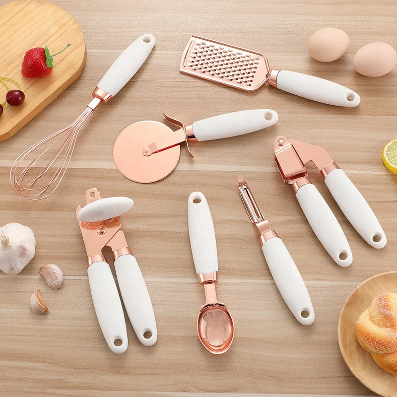 

Factory direct stainless steel copper plated rose gold finished kitchen accessories 7pcs kitchen gadget set, Gray, mint, pink, dark blue, white, black