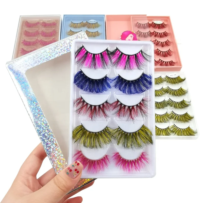 

Private Label Rainbow Color 5D False Eye lashes Green Purple White Black Red Pink Eyelashes 25mm Mink Eyelash, Colorful
