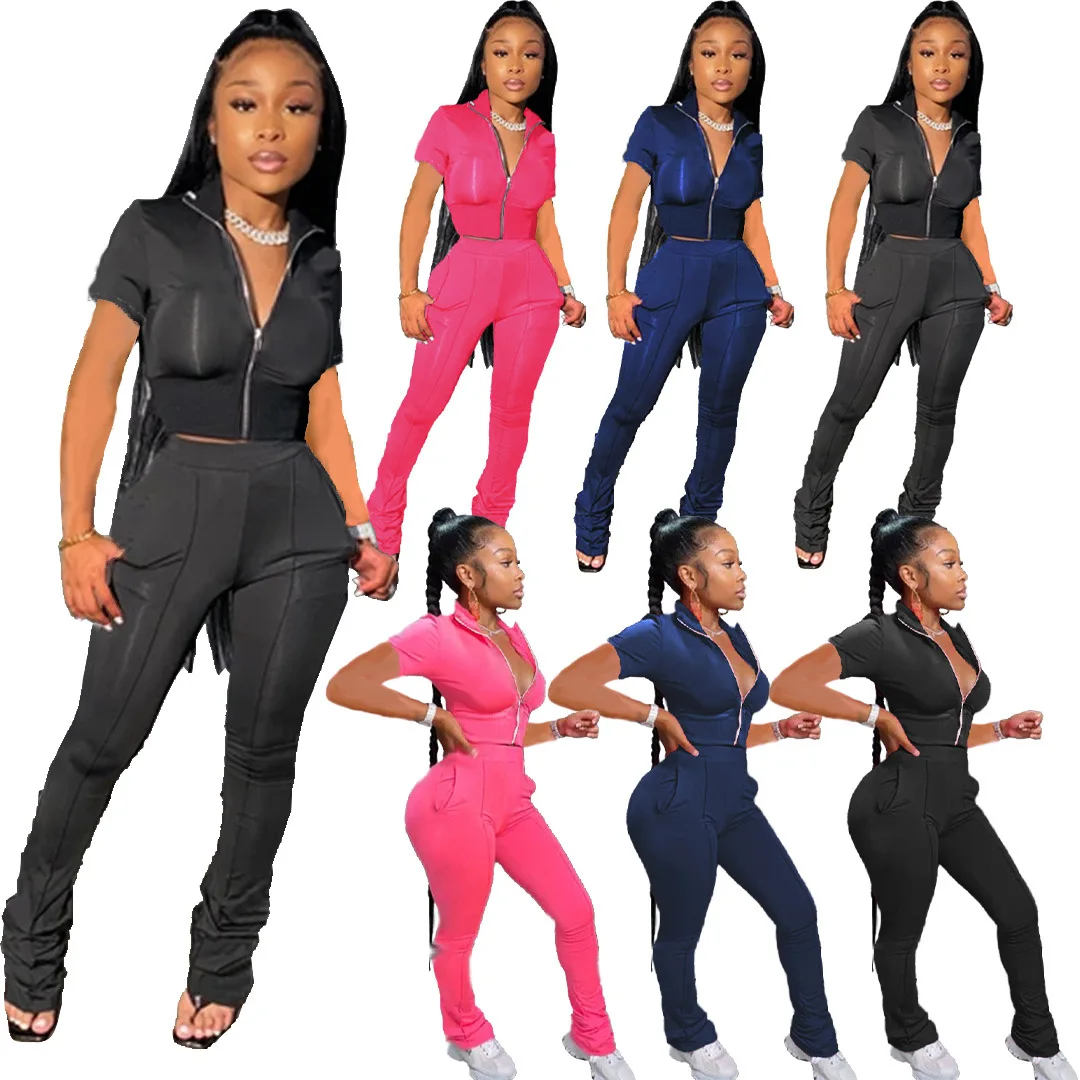 

2021 Casual 2 Pcs Outfits Clothing Crop Tops Long Pants Spring Jogging Tracksuit Women Two Piece Set, Picture shows