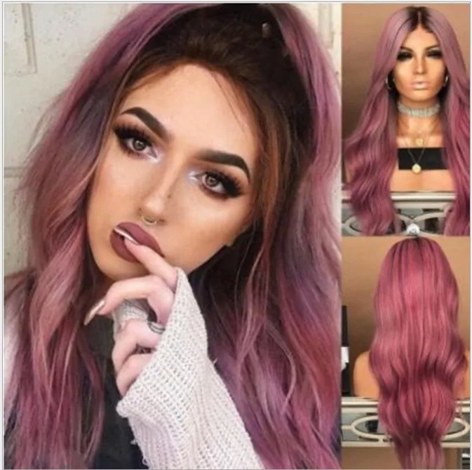 

he31765a Ladies long curly hair wig wholesale new, Purple red