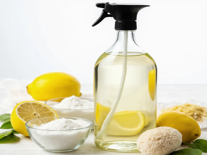 Homemade vinegar cleaner ingredients in glass bottle
