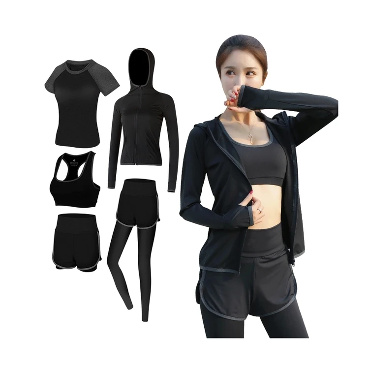 

5 pcs yoga set apparel fitness wear shorts tights bra legging pants jacket t shirts sport wear for Womens