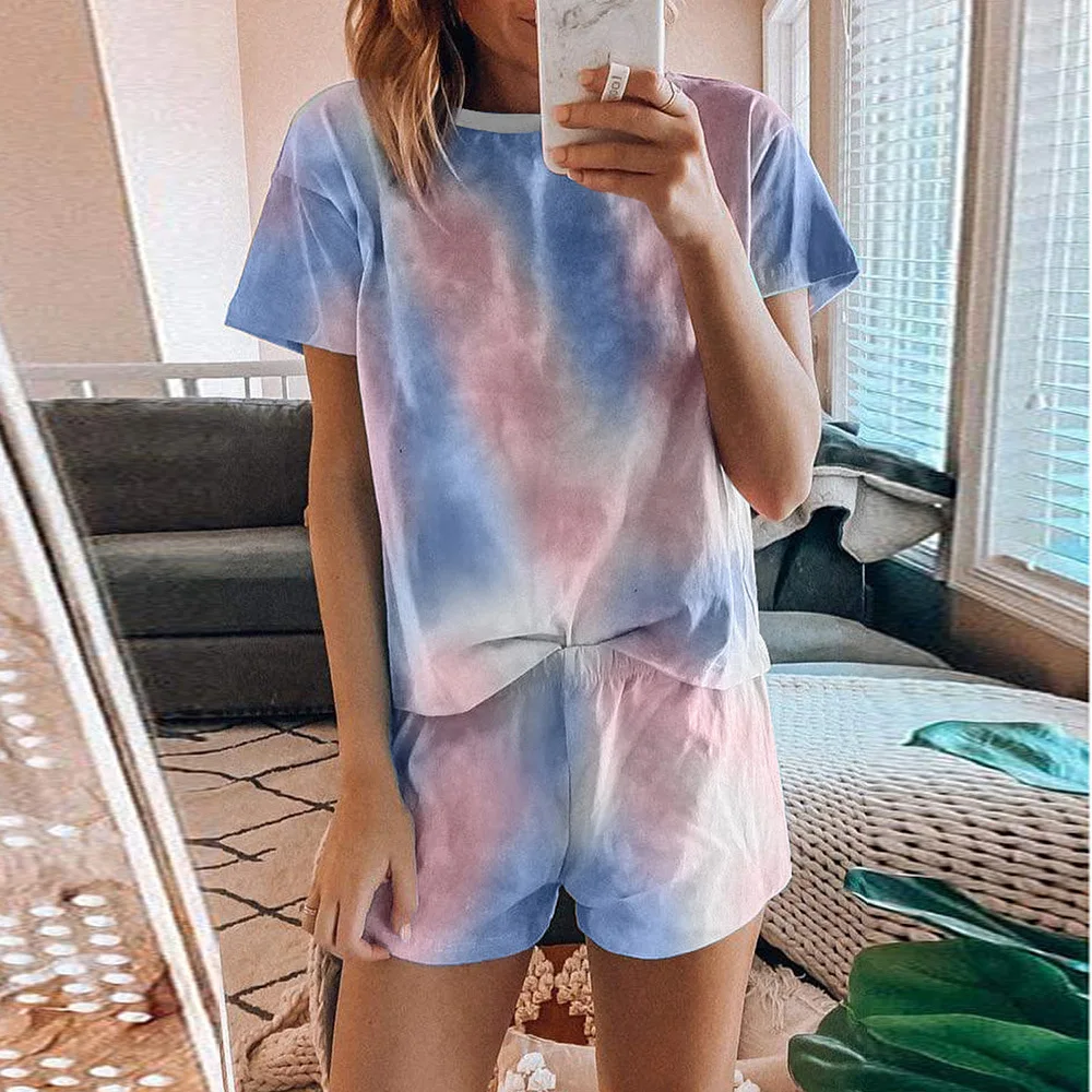 

WW-0183 Tie-dye Short-sleevedLeisure Fashion Printing Two-piece Household Pajamas Pajama Short Sets Women sleep two piece, Same as picture