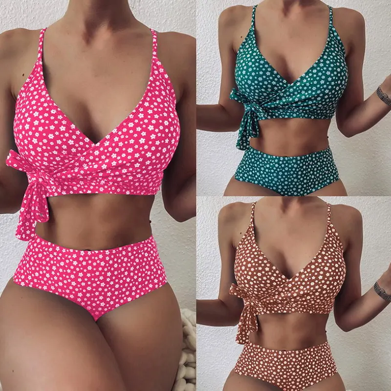 

Multiple Colour V Neck Sexy Floral High Waist Bilini Swimwear Girls Swimwear High Fork Backless Swimsuit, As picture