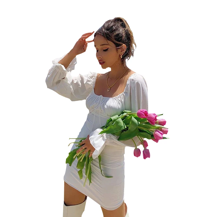 

Newly Fall Slim Square Collar Off Shoulder Lantern Sleeve Bow Party Clothing Women Vintage Mini White Dress