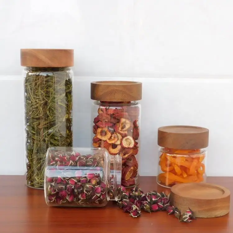 Image of Screw Handmade Borosilicate Glass Storage Jar With Acacia Wooden Lid For Food