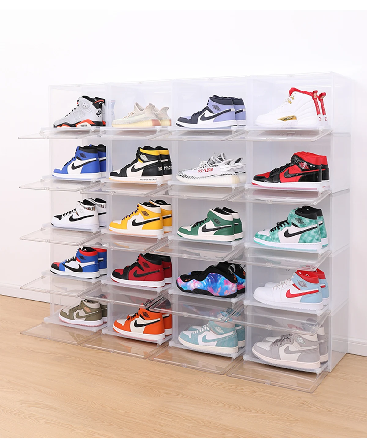 

Haixin Drop Front Stackable Shoe Box sneaker crates 2021 wholesale Shoe case custom Clear Transparent Sneaker box, Black transparent red and customizable