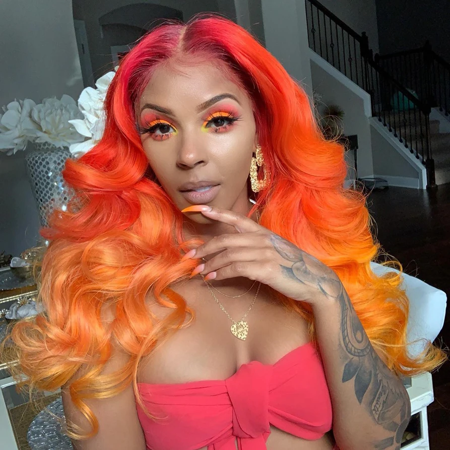 

Wholesale Brazilian Human Hair Lace Front Wig Virgin Hair Color Ombre Red/Orange Human Hair Wig Pre plucked Loose Wave