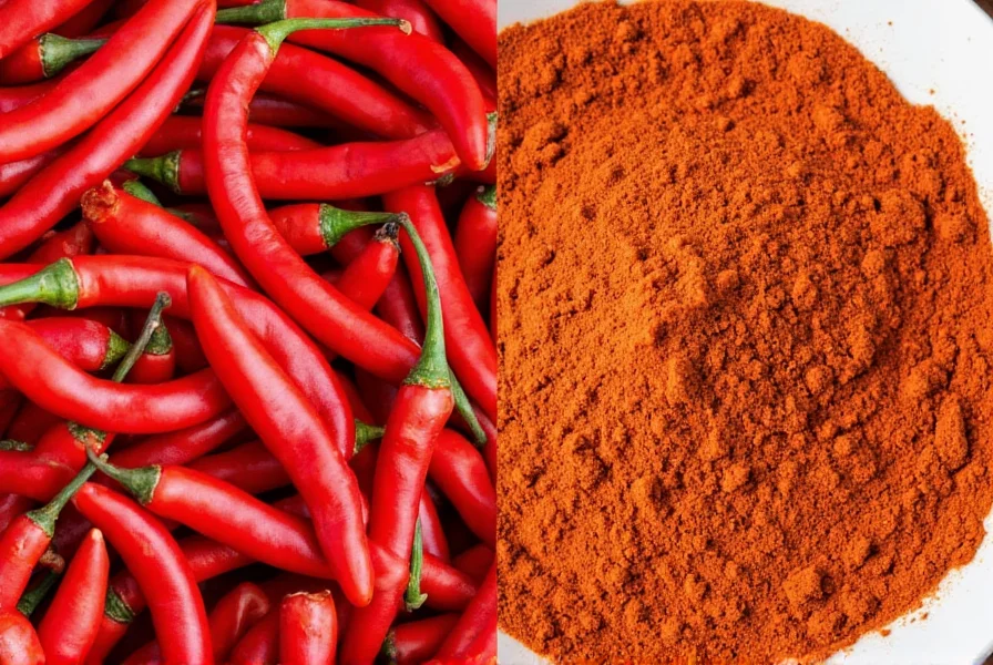 Close-up comparison of cayenne pepper powder and paprika side by side showing color differences