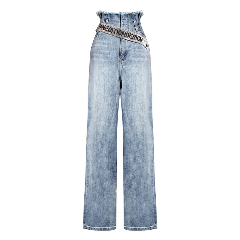 

Korean Belt With Diamonds Wide Leg Jeans Loose Denim Wide Leg Trousers Women, Blue