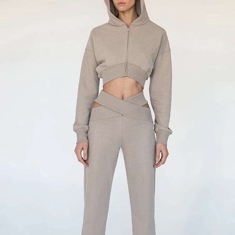 

Custom Logo Zip Crop Hoodie V Shaped Waist Two Piece Pants Set Women Sweatsuit Set Tracksuit