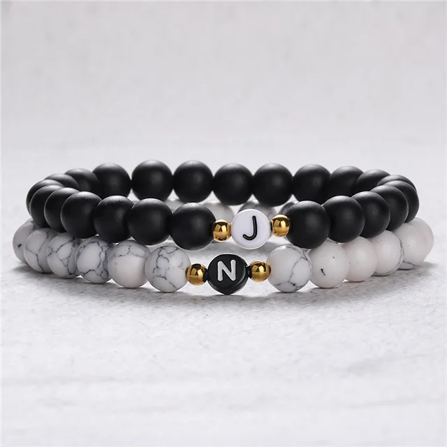 

2021 Black Natural Stone A-Z Initial Letter Name Beads Friendship Bracelets Bangles, Black,white
