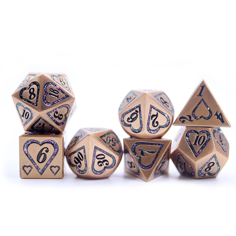 

New Design Colorful 7pcs Dnd dice set metal heart mica glitter dice