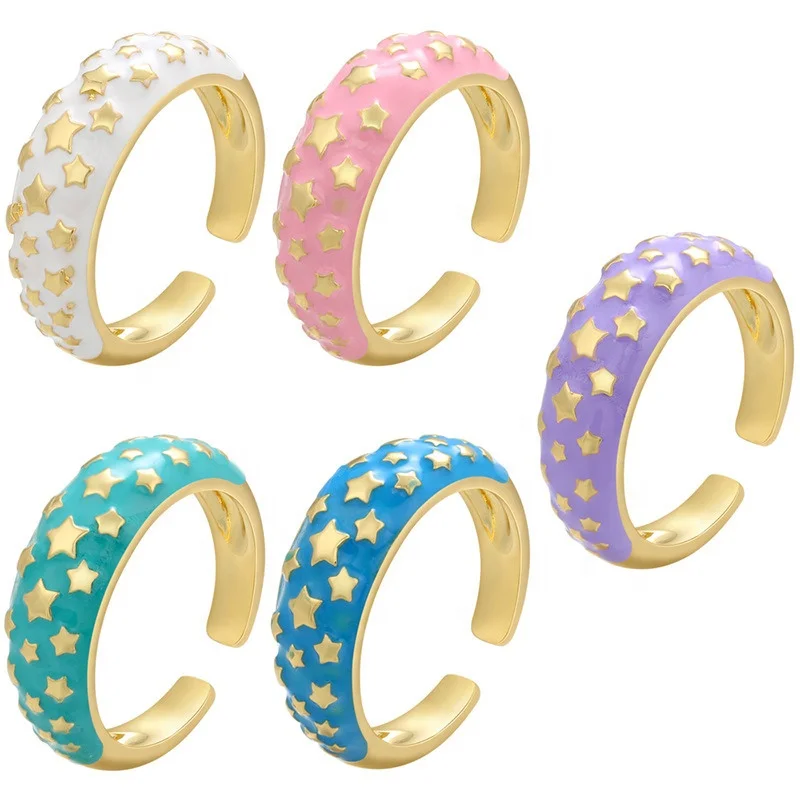 

Hot Selling Jewelry Green Pink Retro Star Neon Enamel Open Rings Resizable Plated Gold Brass Dainty Ring For Girls