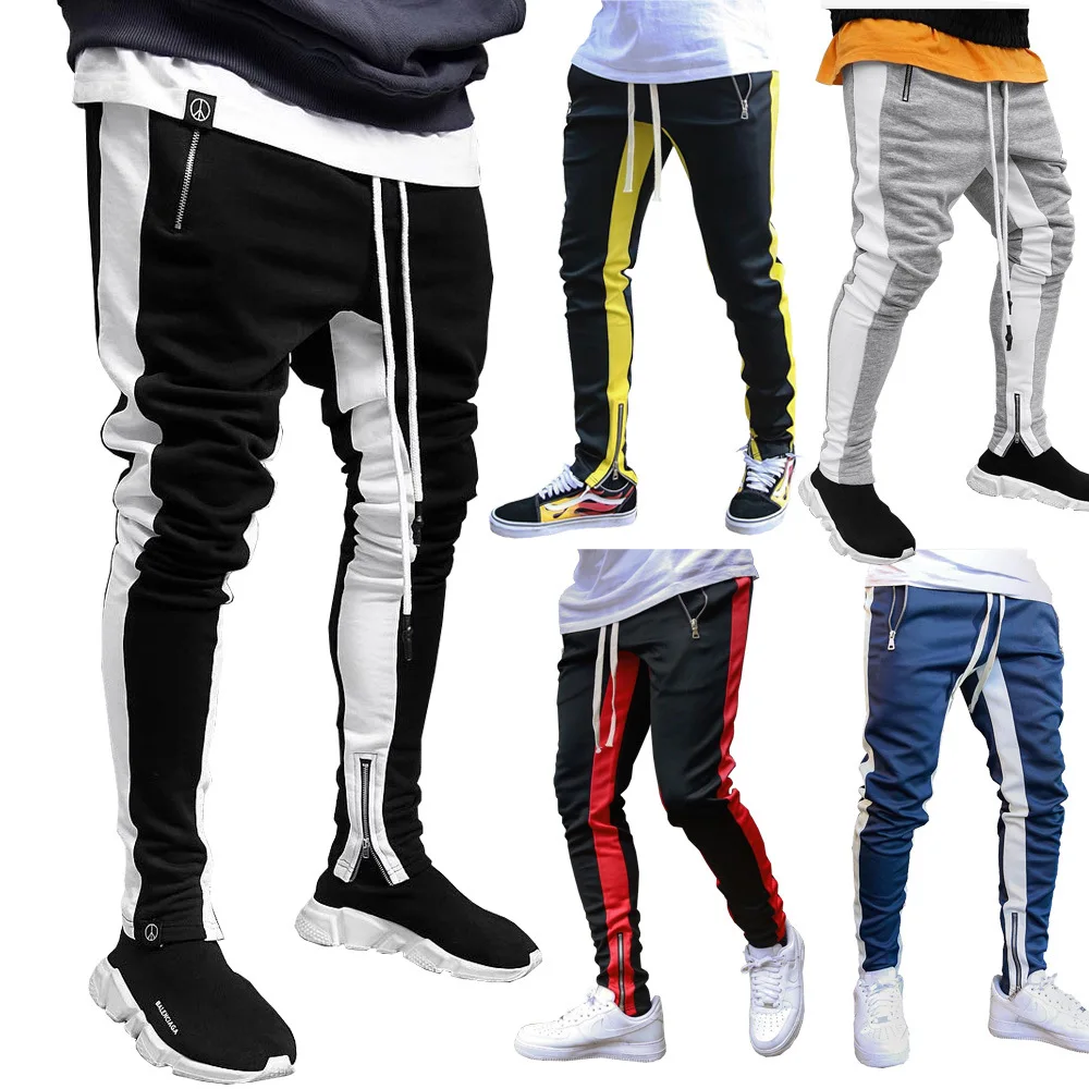 

2020 autumn patchwork mens jogger pants zipper drawstring long trousers men casual streetwear plus size side striped sport pants