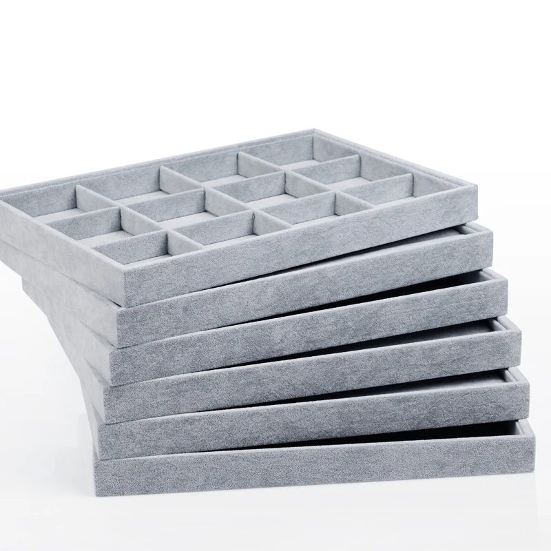 

Exquisite Silver Grey Ice Velvet Jewelry Display Tray for Earring Ring Holder Bracelet Necklace Plate Storage Organizer