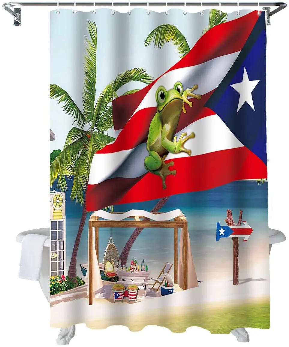 

Beach Time Bathroom Shower Curtains Polyester Fabric custom Puerto Rico Flag and Frog Home Decorative Waterproof Bath Curtain