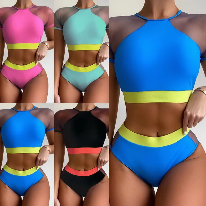 

2021 New Arrival Mesh Short Sleeve Swimwear Bandage Solid Color Swimsuit High Waist Sexy Bikini, As picture