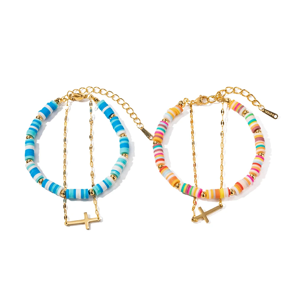 

Charm 18k Gold Plated Stainless Steel Bracelet Jewelry Double Layer Bead Colorful Chain Cross Bracelet