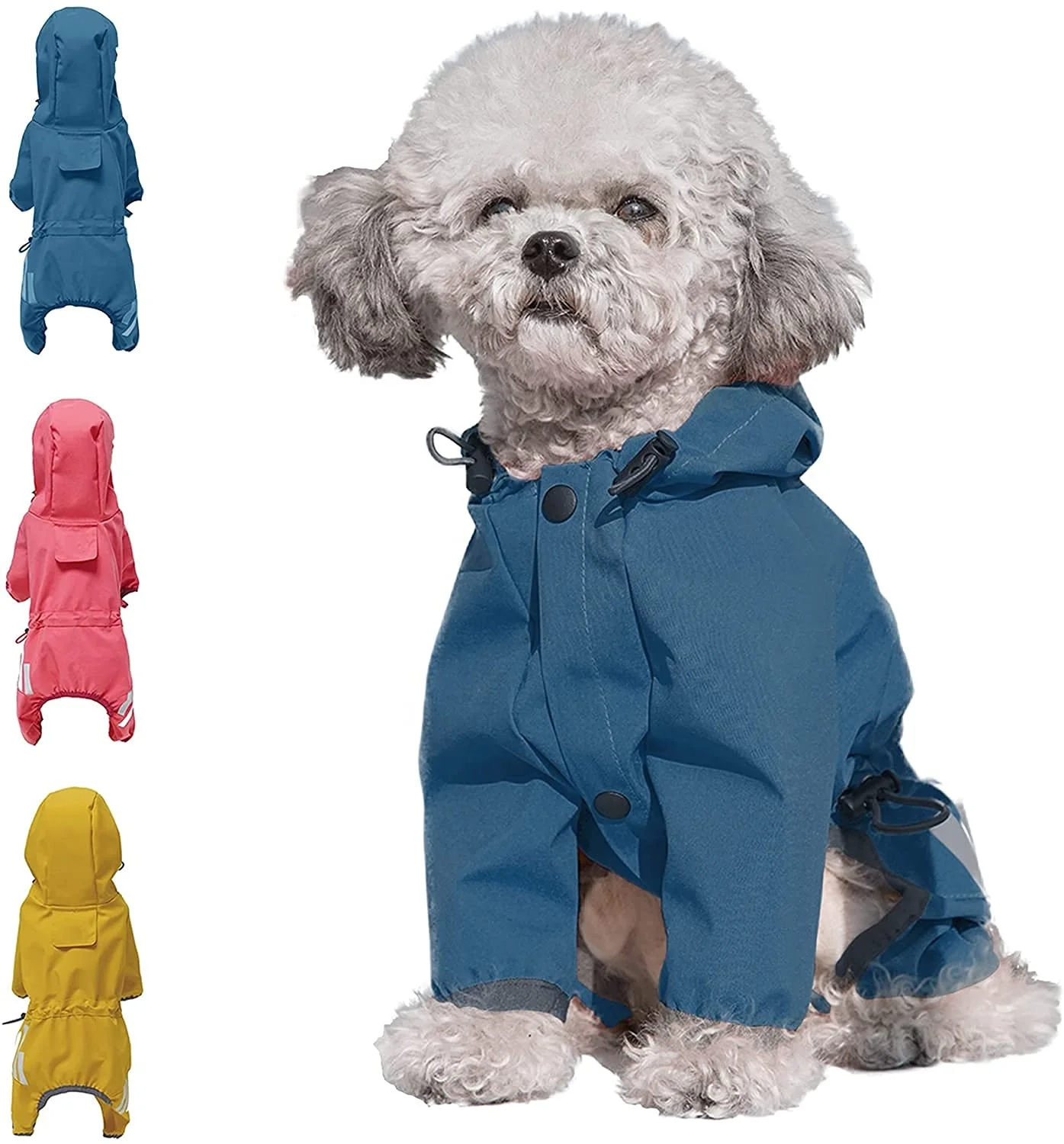 

dog Raincoat with Adjustable Belly Strap and Leash Hole,Hoodie with Reflective Strip,Waterproof Pet Rain Jacket, Blue