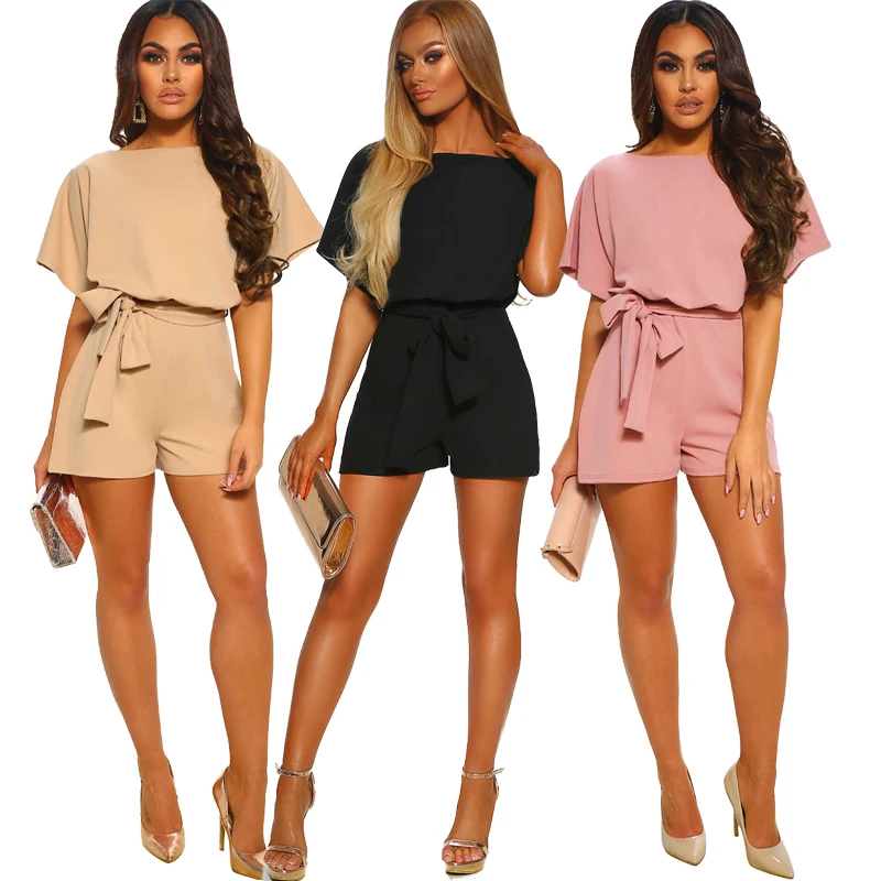 

Hot Sale 2021 Belted Playsuit One Piece Short Rompers Custom Jumpsuit For Women, Customized womens one piece jumpsuit