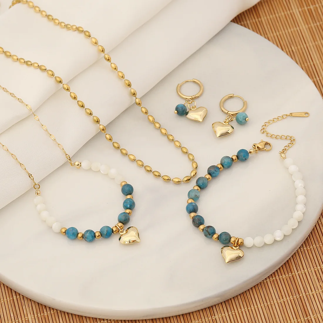 

Natural Stone Bead Blue Apatite Choker Necklace Bracelet Earring Set Stainless steel Heart Charm Pendant For Women