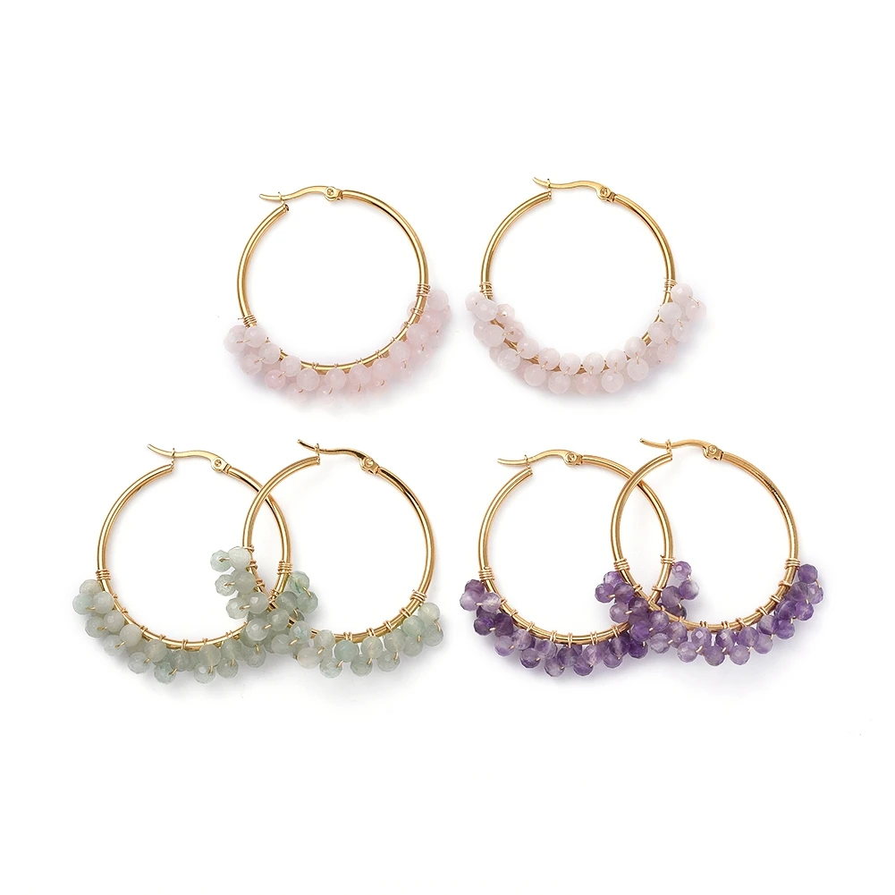 

PandaHall Golden Plated Natural Gemstone Beads Hoop Earrings, Mixed color